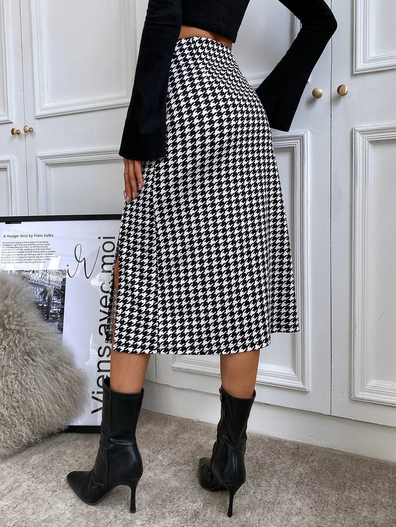 Elegant Houndstooth Split Thigh High Waist Long Women Skirt