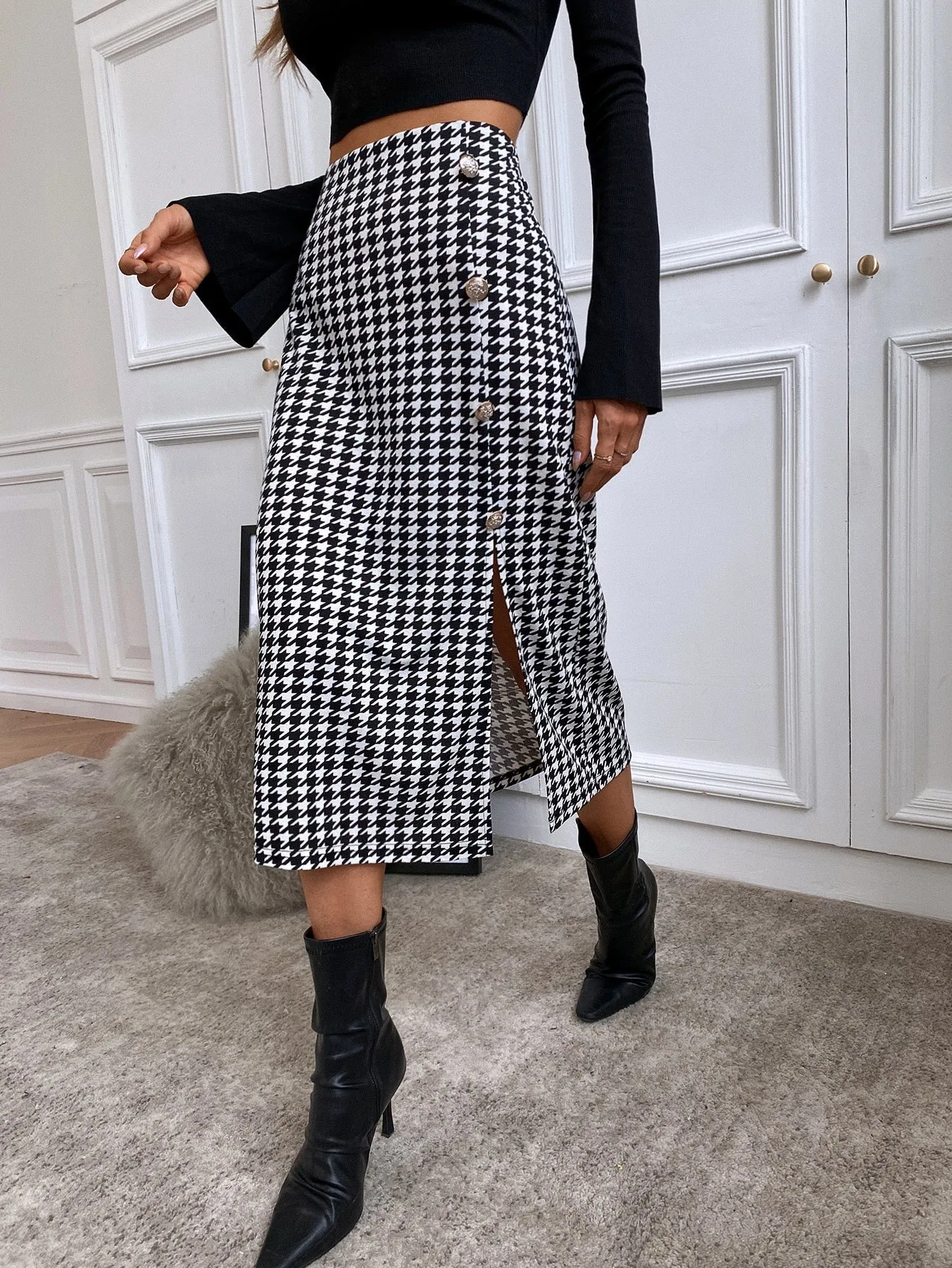 Elegant Houndstooth Split Thigh High Waist Long Women Skirt