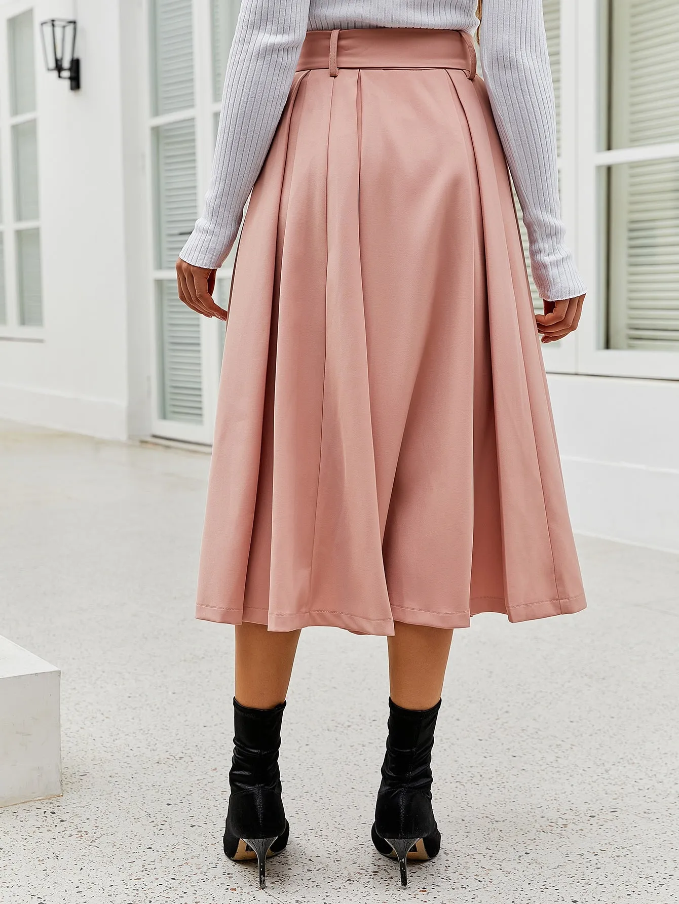 Elegant Plain Button Natural Midi Women Skirt