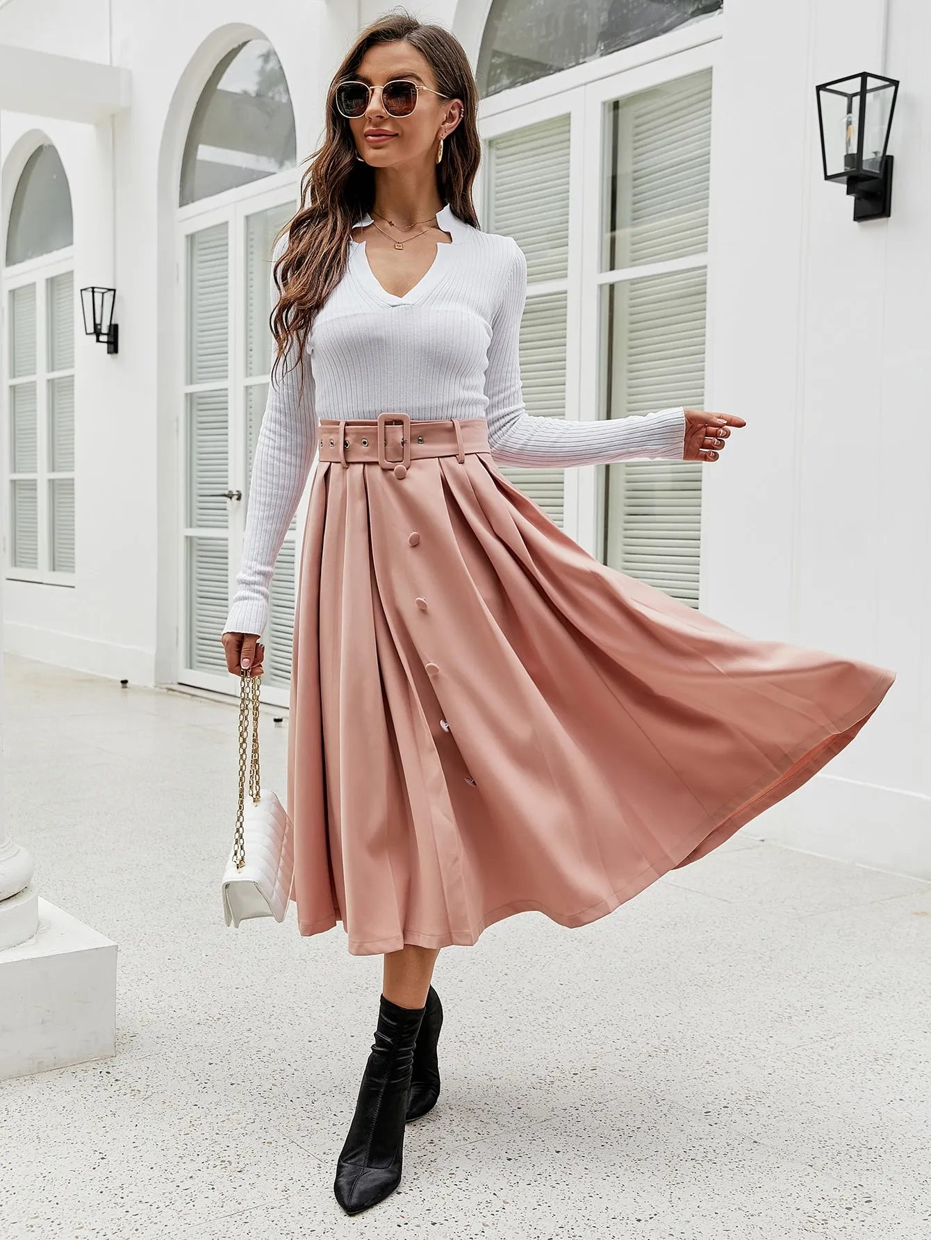 Elegant Plain Button Natural Midi Women Skirt