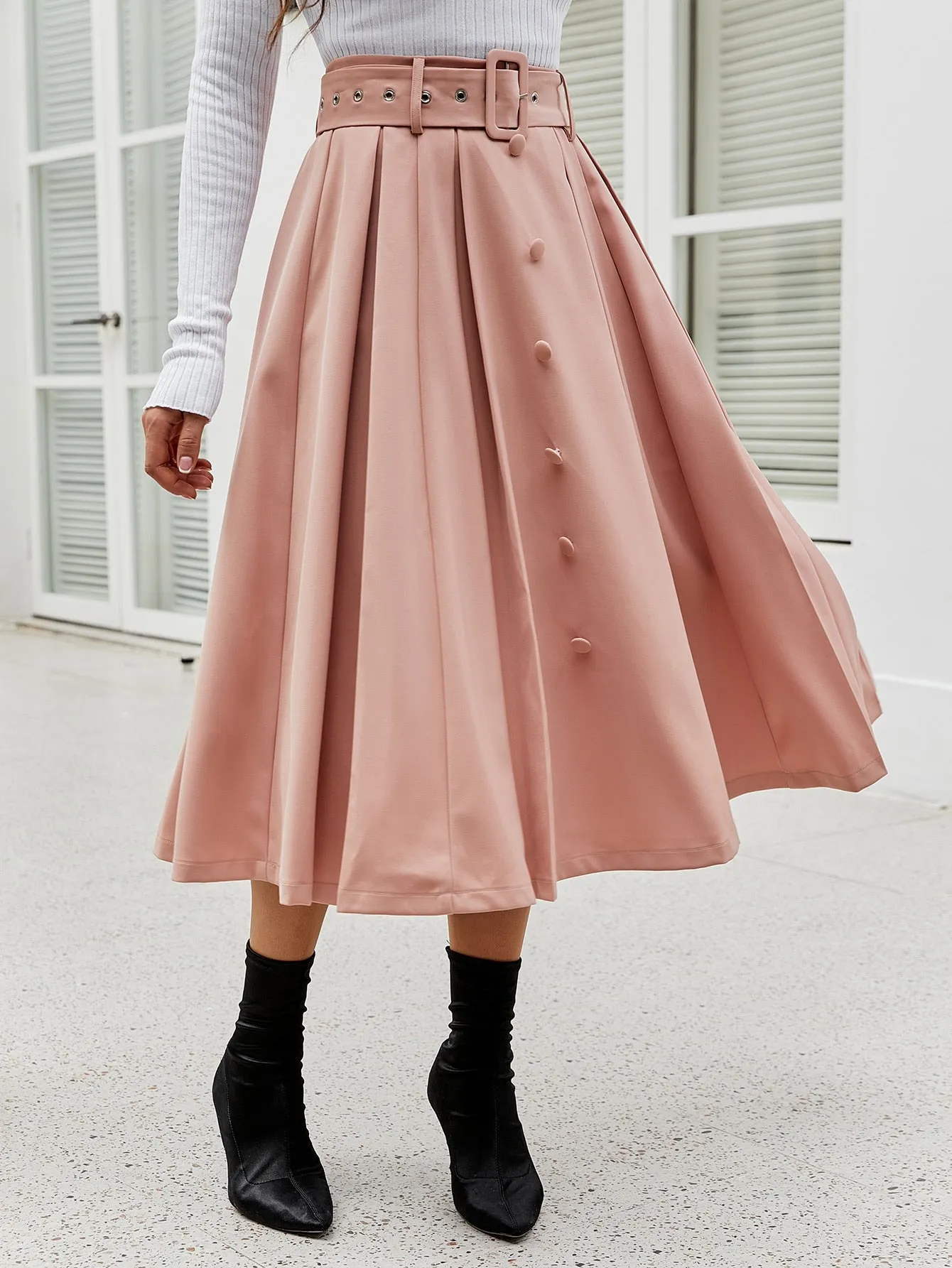Elegant Plain Button Natural Midi Women Skirt