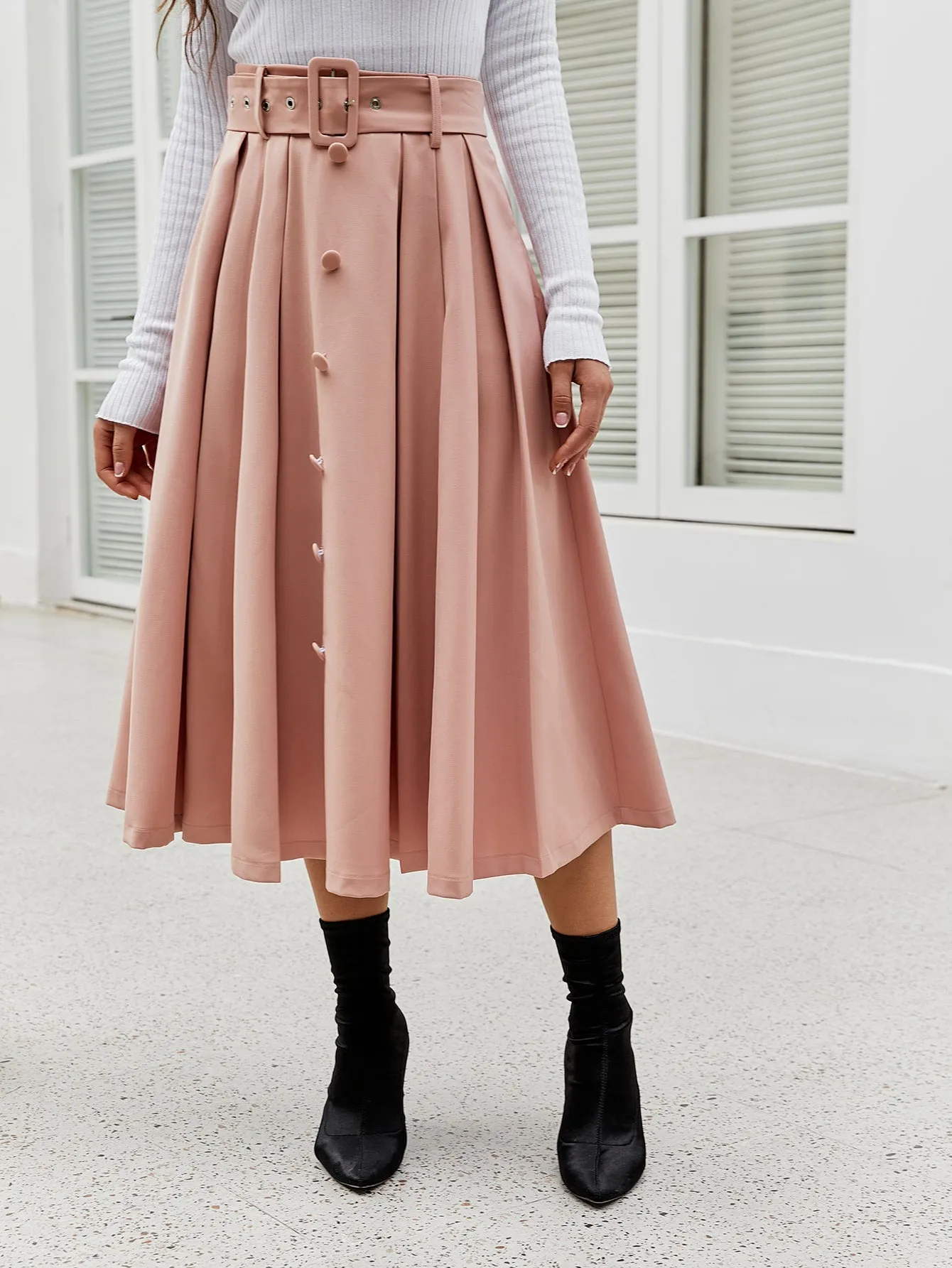 Elegant Plain Button Natural Midi Women Skirt