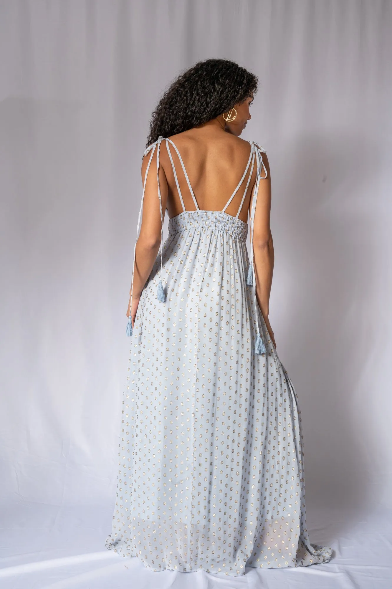 Fiona Flowy Polka Dot Maxi Dress with Adjustable Tassel Straps