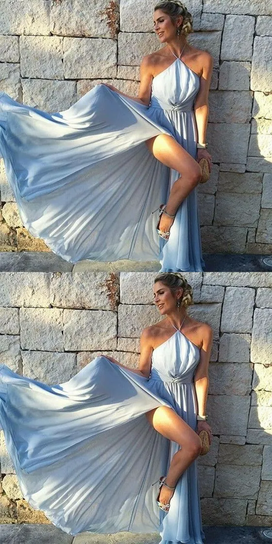 Flowy Prom Dresses,Blue Prom Dress with Slit | Simple Occasion Dress