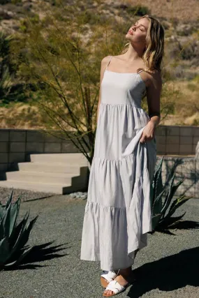 Flowy Tiered Sleeveless Maxi Linen Dress - Light Grey