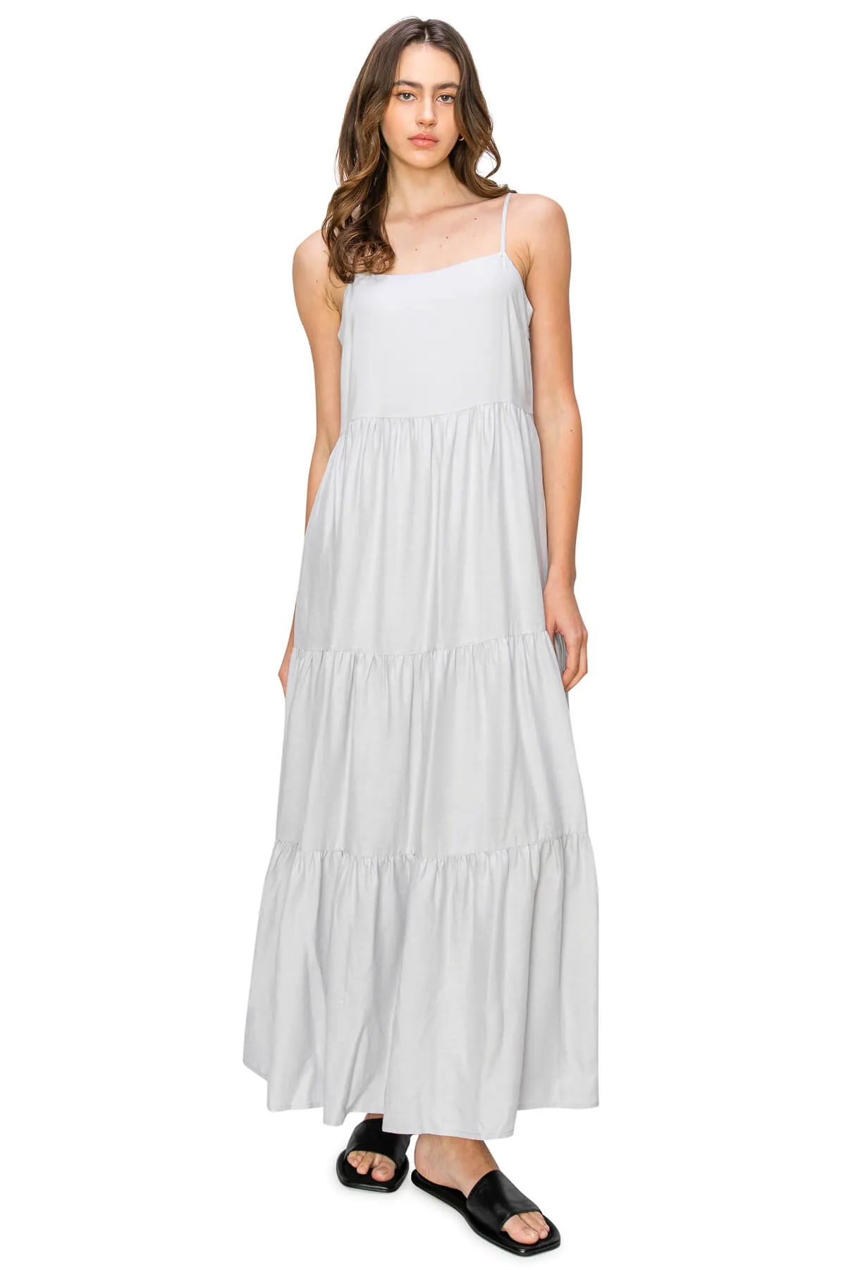 Flowy Tiered Sleeveless Maxi Linen Dress - Light Grey