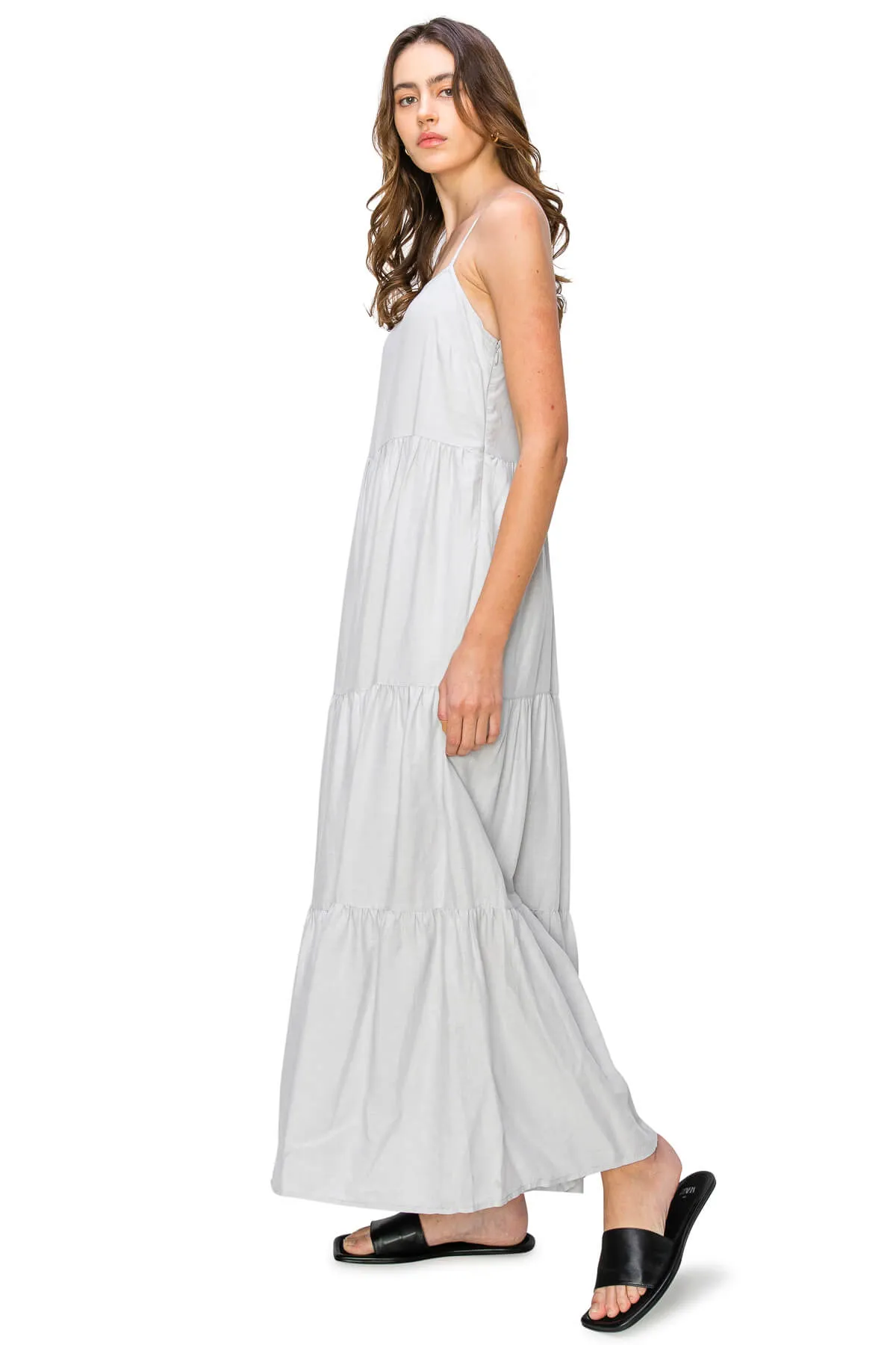 Flowy Tiered Sleeveless Maxi Linen Dress - Light Grey