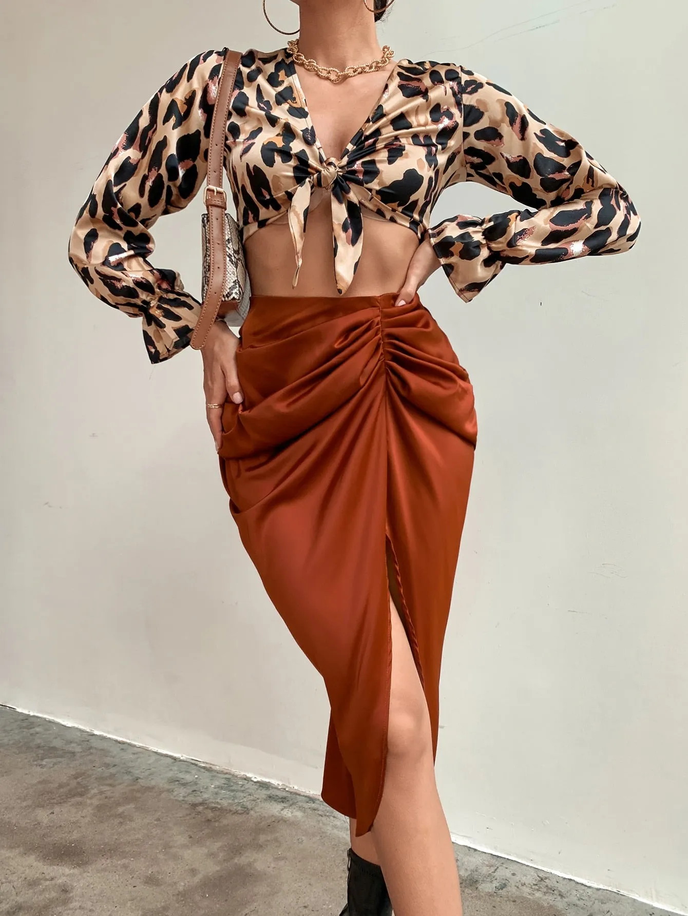 Glamorous Plain Ruched High Waist Midi Women Skirts
