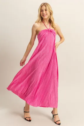 HF25C264-Plisse Halter Neck Flowy Maxi Dress