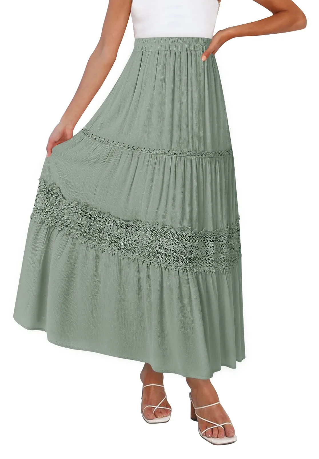 MEROKEETY High Waist Lace Trim Tiered Pleated Skirt