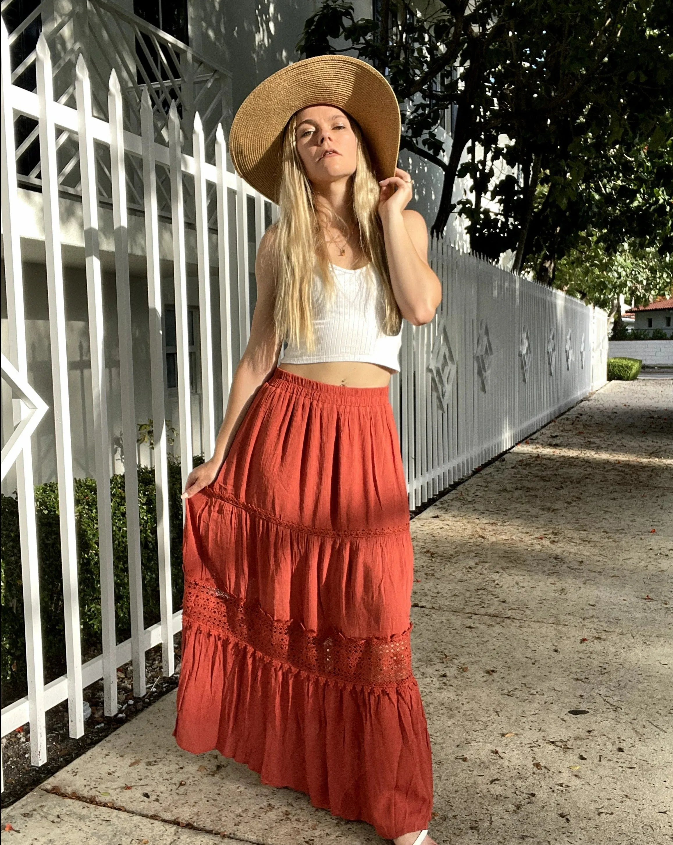 MEROKEETY High Waist Lace Trim Tiered Pleated Skirt