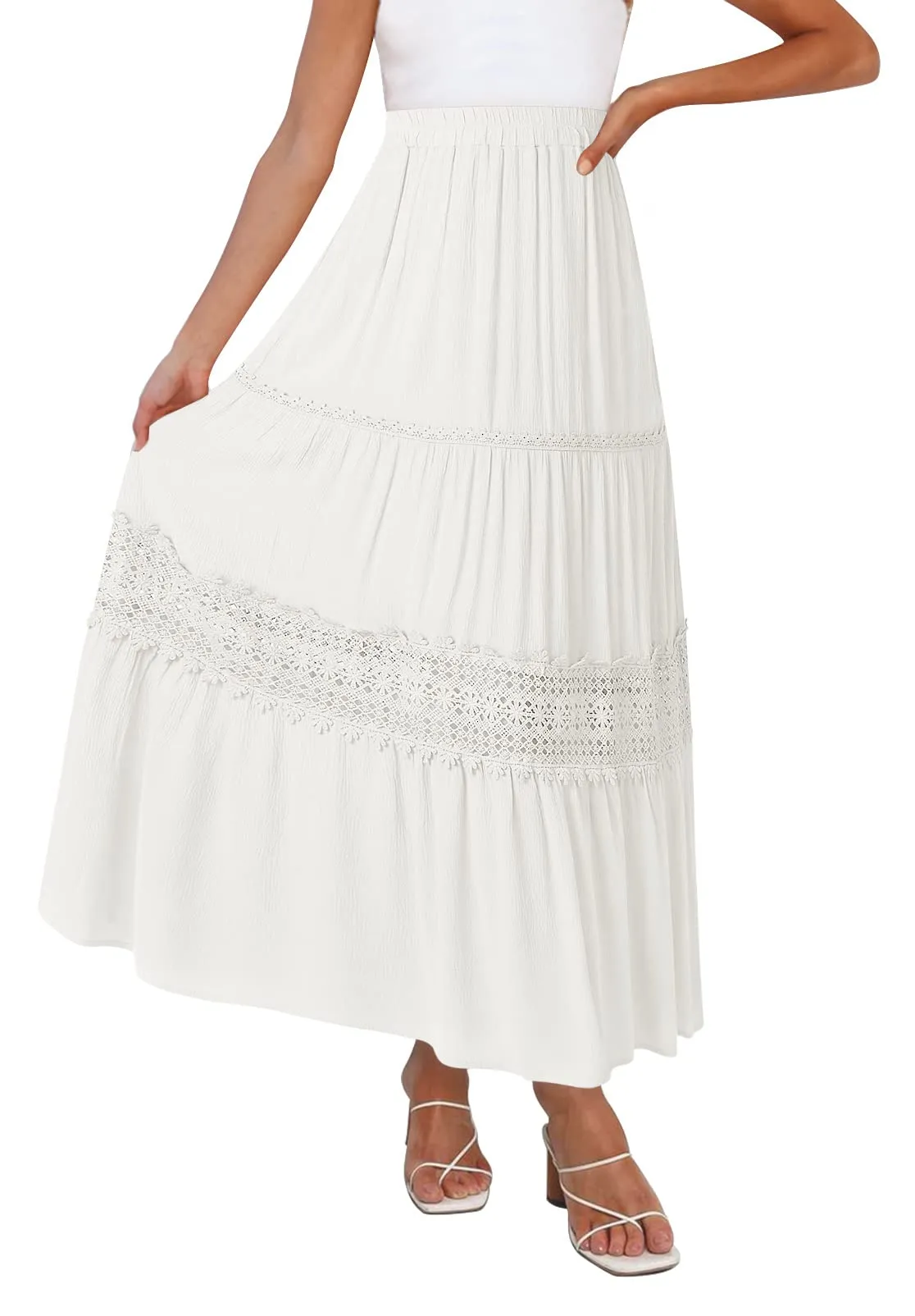 MEROKEETY High Waist Lace Trim Tiered Pleated Skirt