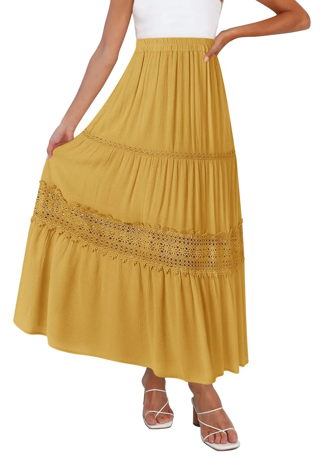 MEROKEETY High Waist Lace Trim Tiered Pleated Skirt