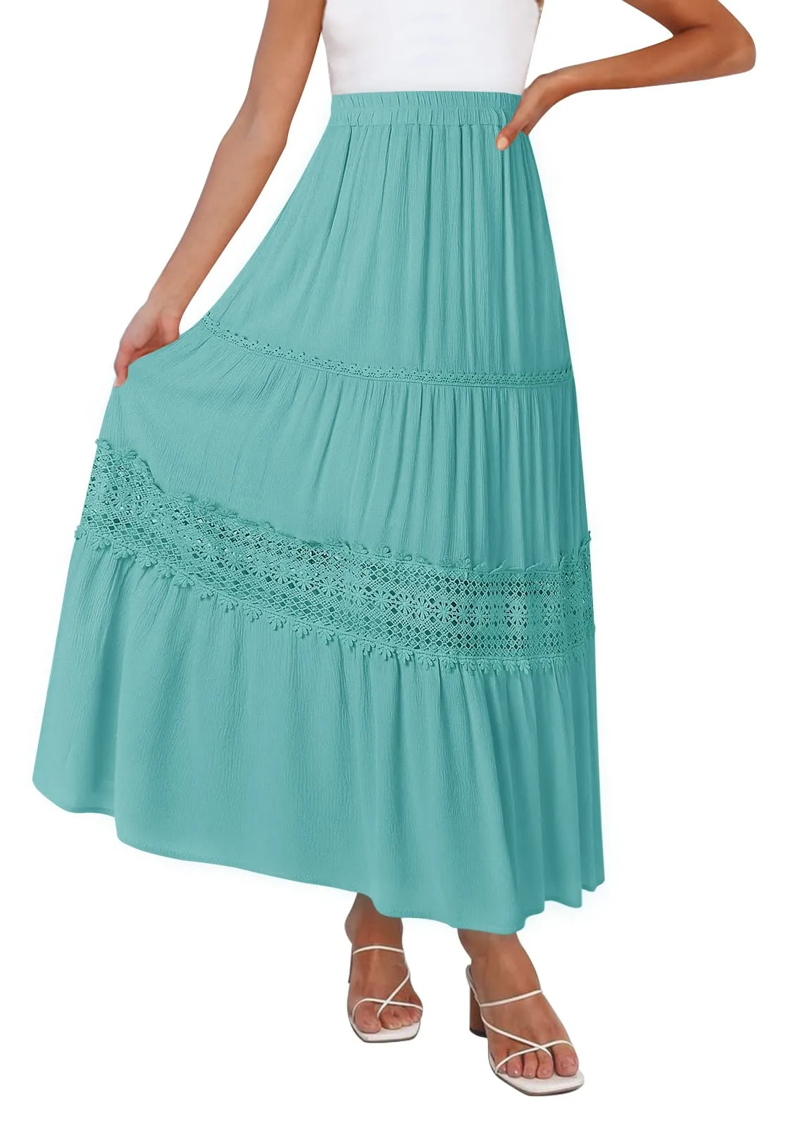 MEROKEETY High Waist Lace Trim Tiered Pleated Skirt