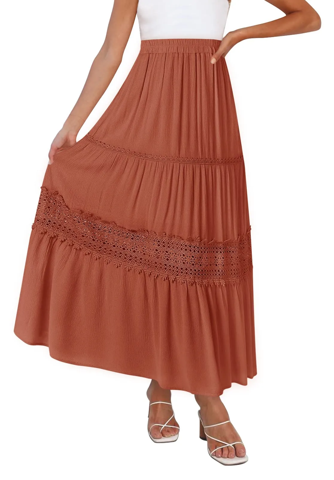 MEROKEETY High Waist Lace Trim Tiered Pleated Skirt