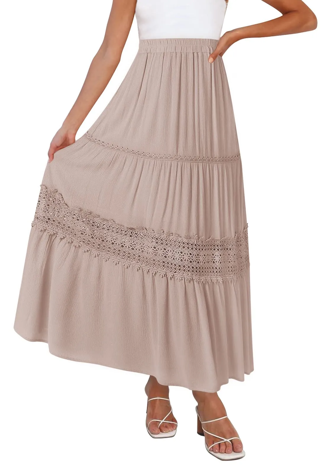 MEROKEETY High Waist Lace Trim Tiered Pleated Skirt