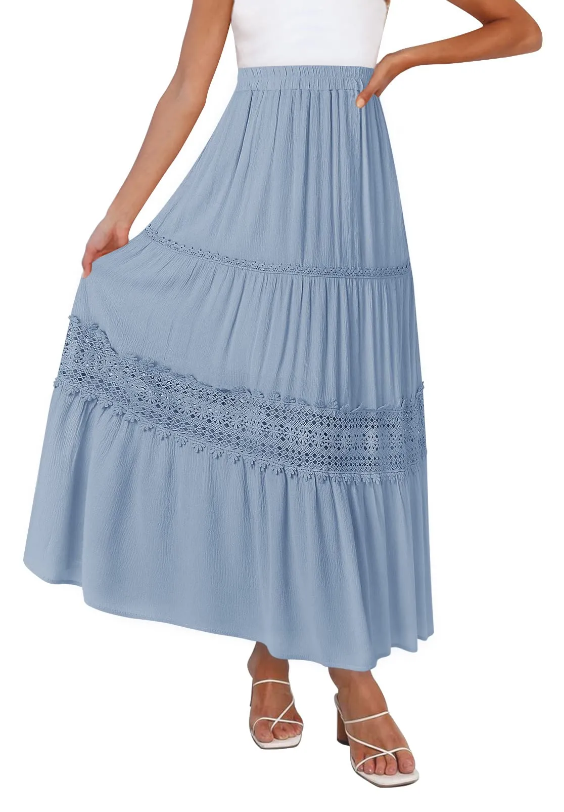 MEROKEETY High Waist Lace Trim Tiered Pleated Skirt