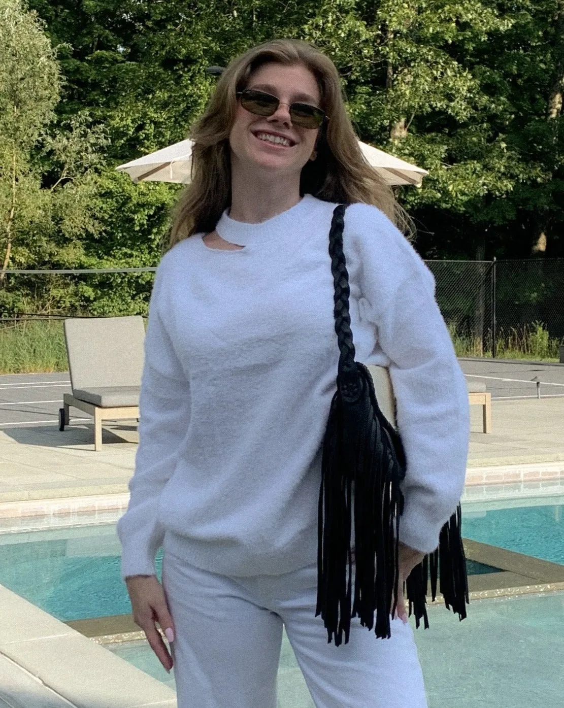 MEROKEETY Lantern Sleeve Halter Neck Cutout Fuzzy Sweater
