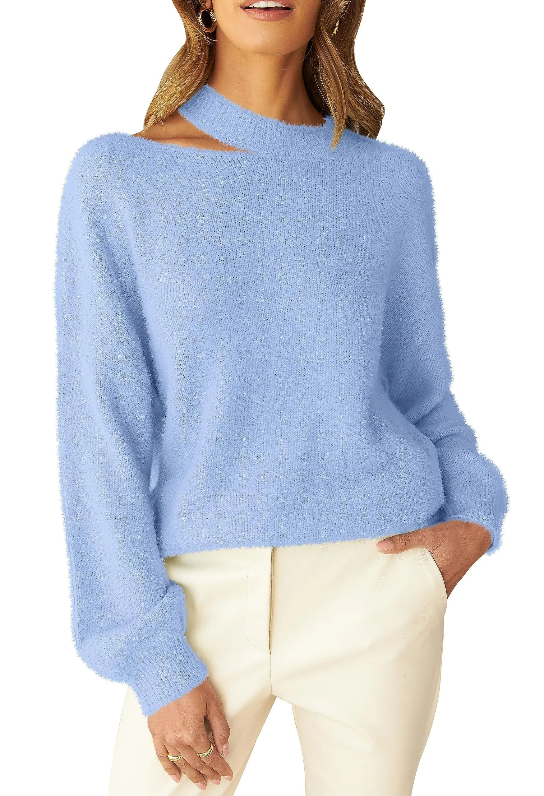MEROKEETY Lantern Sleeve Halter Neck Cutout Fuzzy Sweater