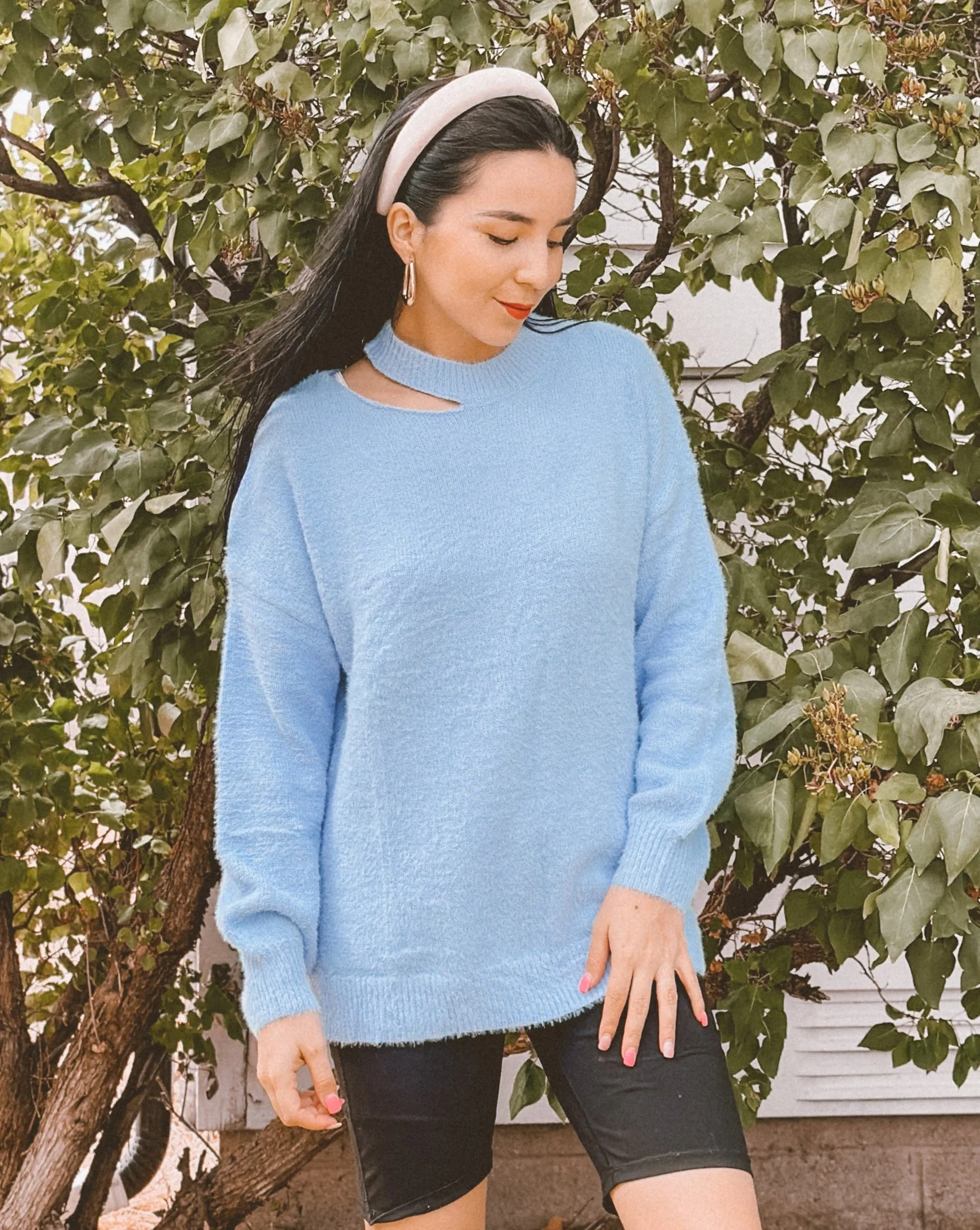 MEROKEETY Lantern Sleeve Halter Neck Cutout Fuzzy Sweater