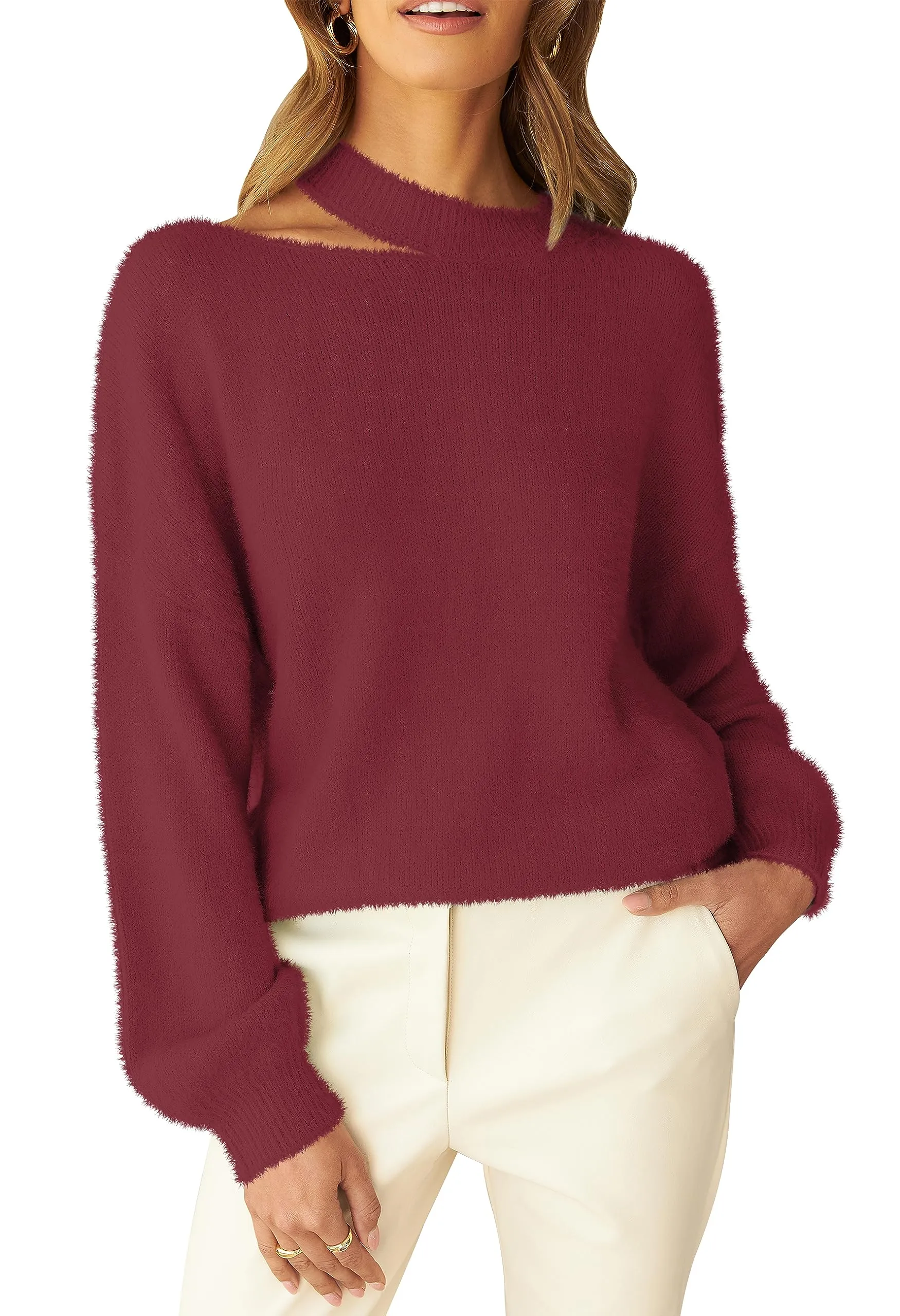 MEROKEETY Lantern Sleeve Halter Neck Cutout Fuzzy Sweater