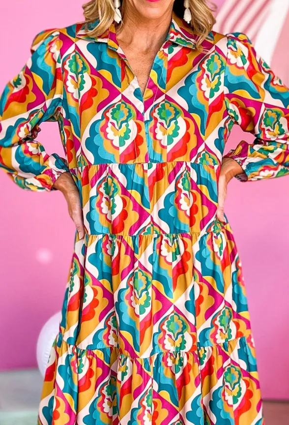 Multicolor Geometric Tiered Boho Dress