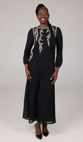 Nawal Modest Long Formal Gold Embellished Maxi Dress - Black