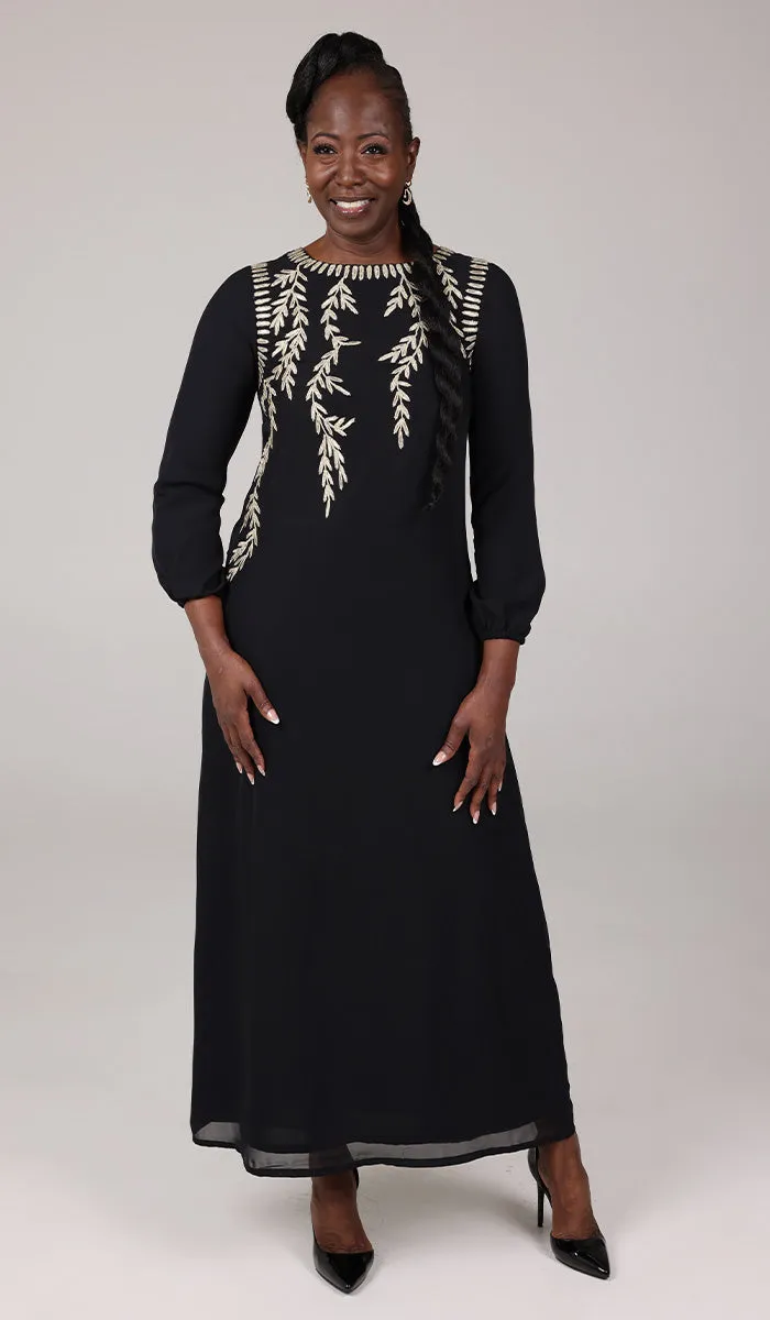 Nawal Modest Long Formal Gold Embellished Maxi Dress - Black