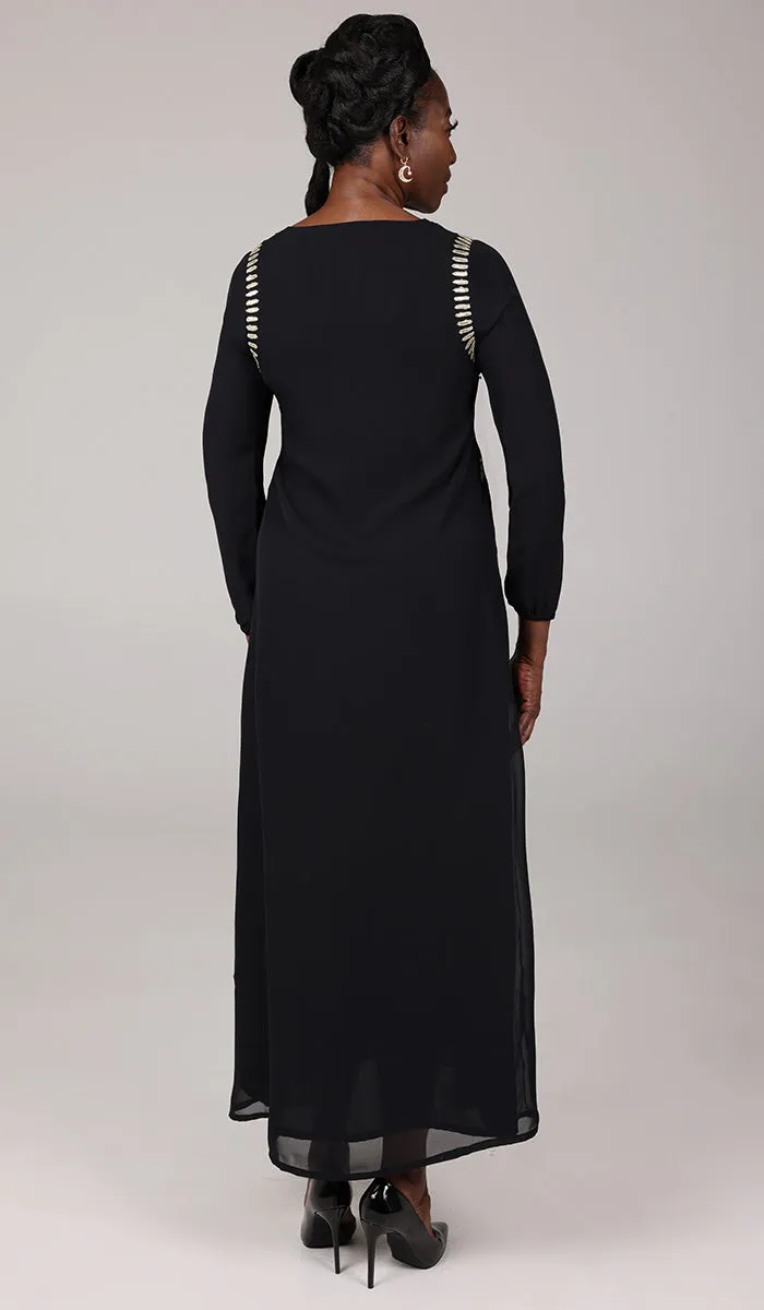 Nawal Modest Long Formal Gold Embellished Maxi Dress - Black