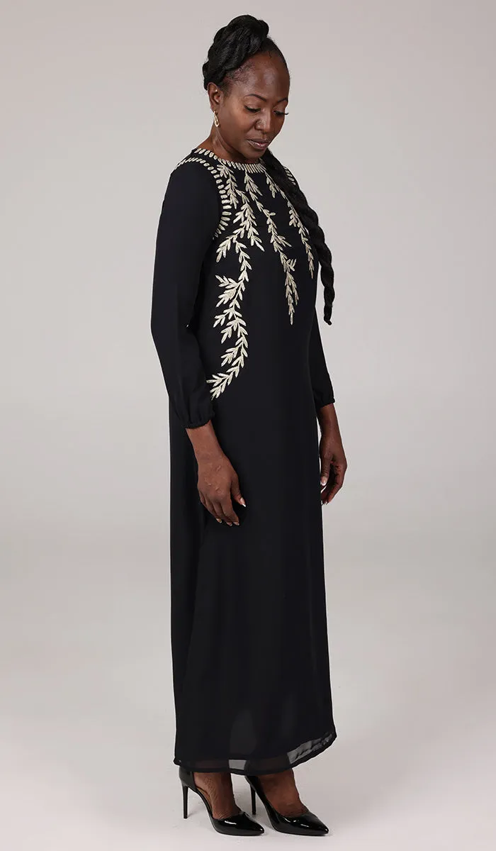 Nawal Modest Long Formal Gold Embellished Maxi Dress - Black