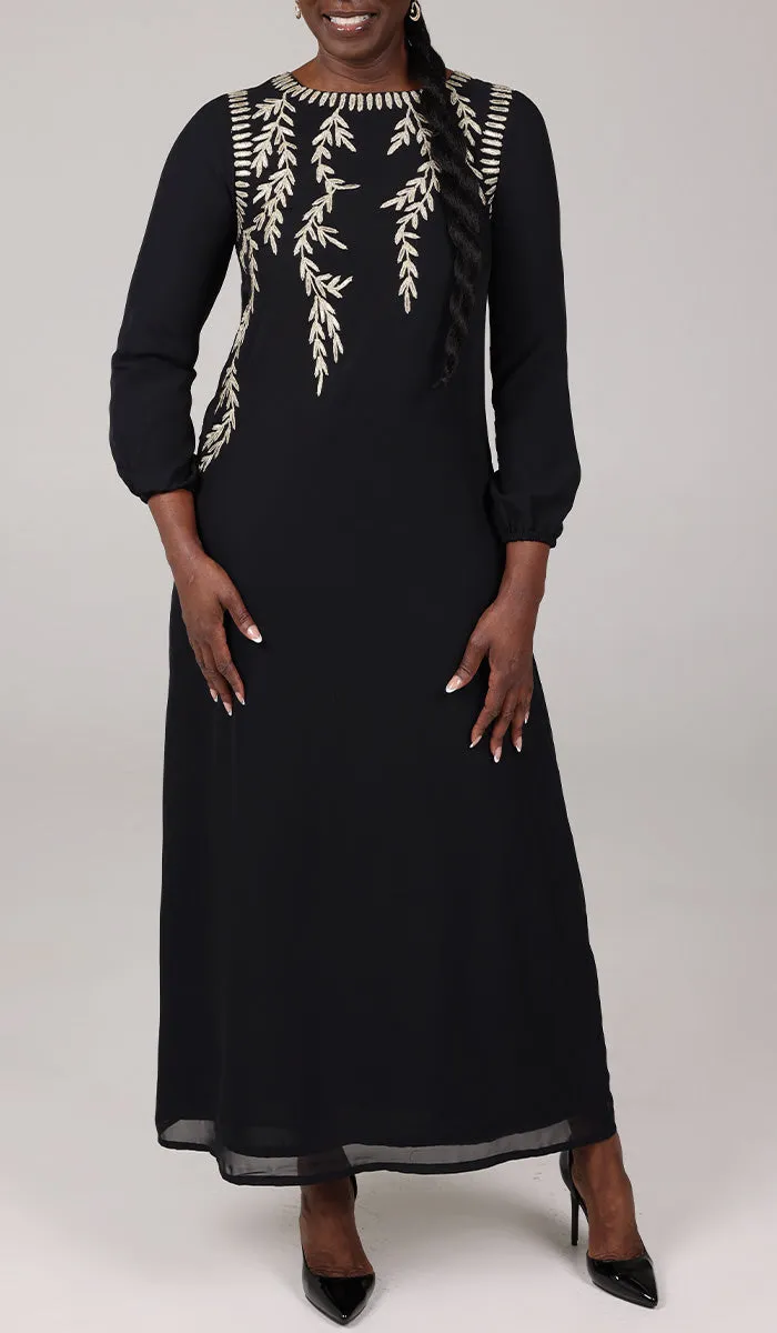 Nawal Modest Long Formal Gold Embellished Maxi Dress - Black