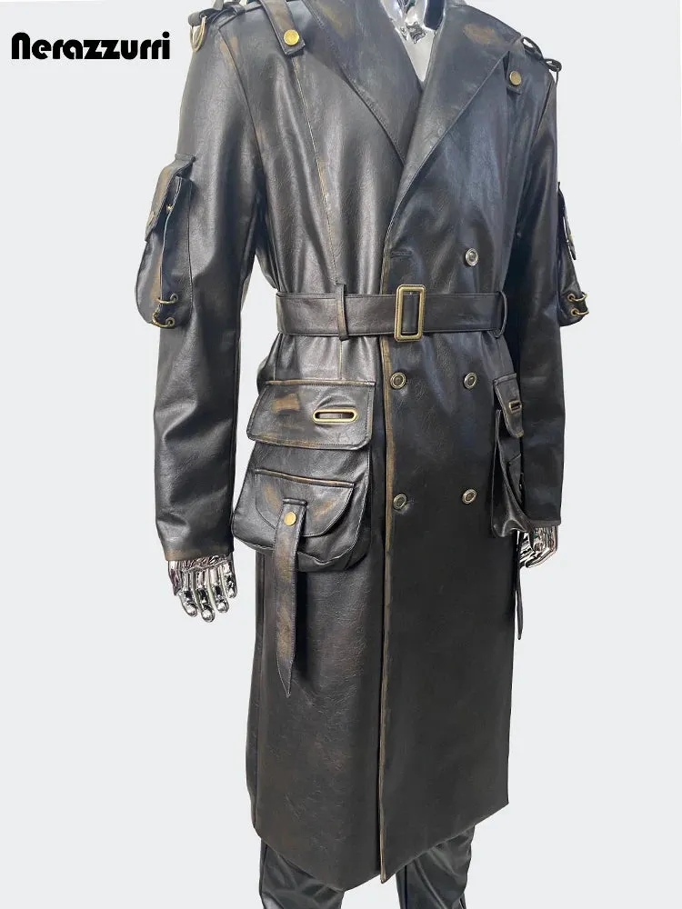 Nerazzurri Men’s Long Distressed PU Leather Trench Coat – Waterproof, Belted Punk Style for Spring & Autumn