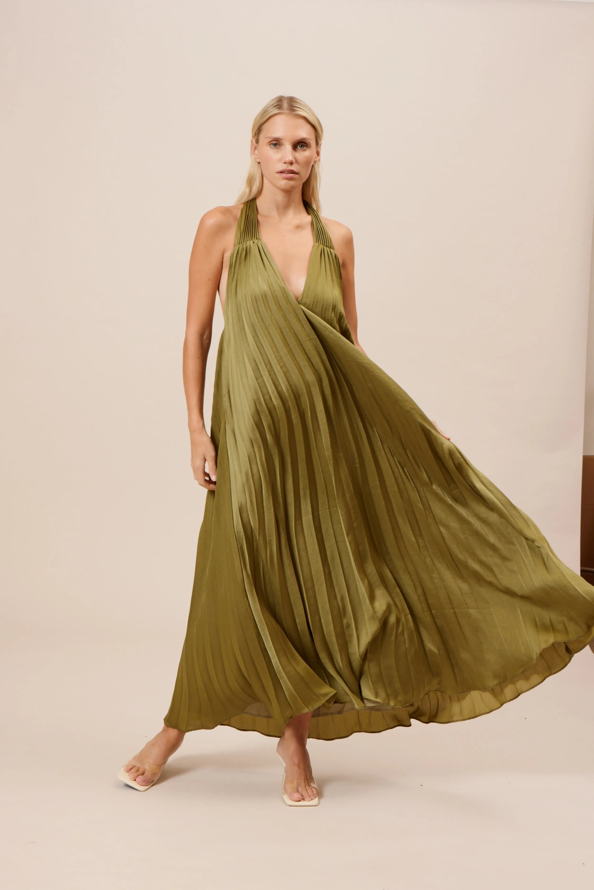Olive Pleated Maxi Dress