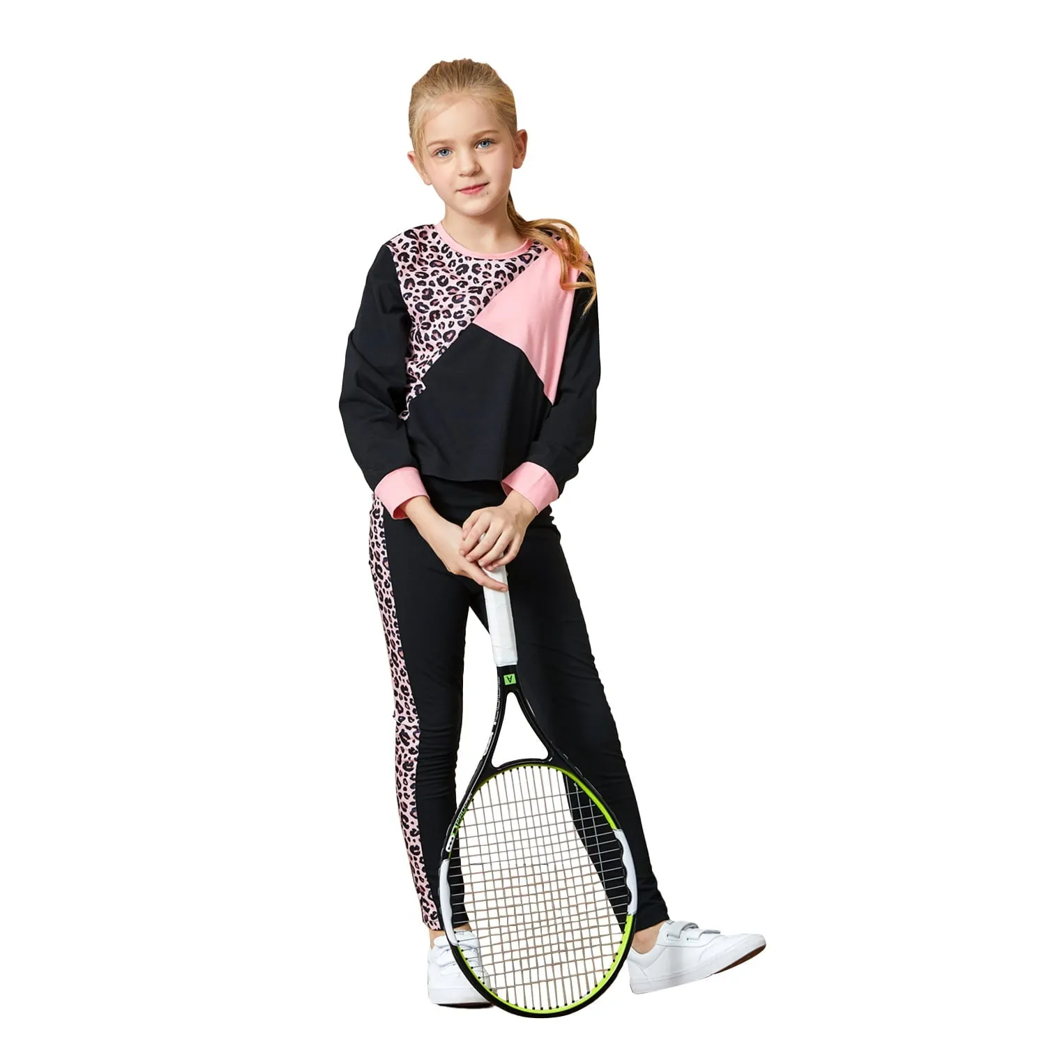 PatPat Kid Girls Sweatshirt and Jogger Set Leopard & Color Block Outfits Set Size 4-12