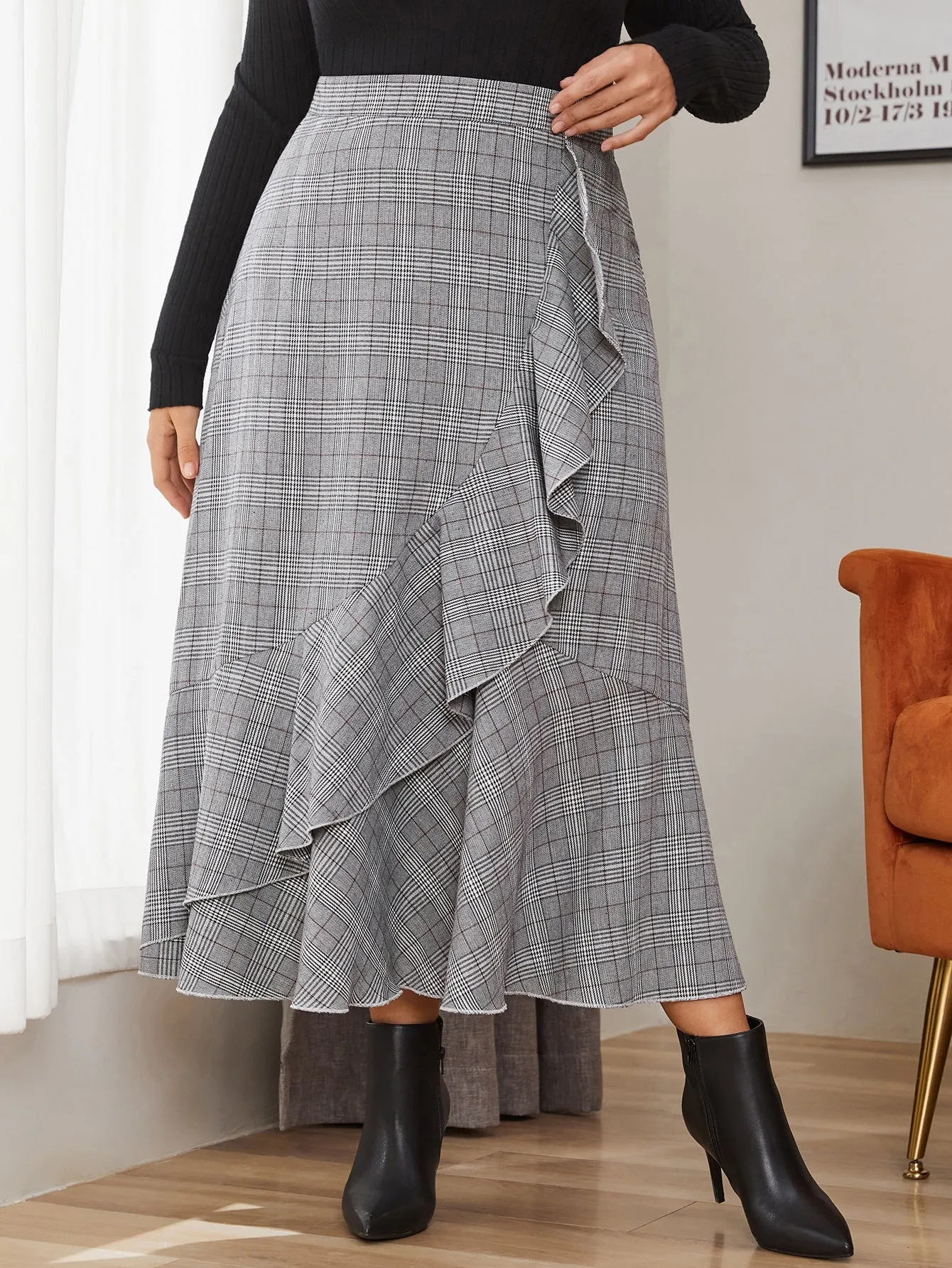 Plaid Zipper Long Plus Size Skirt