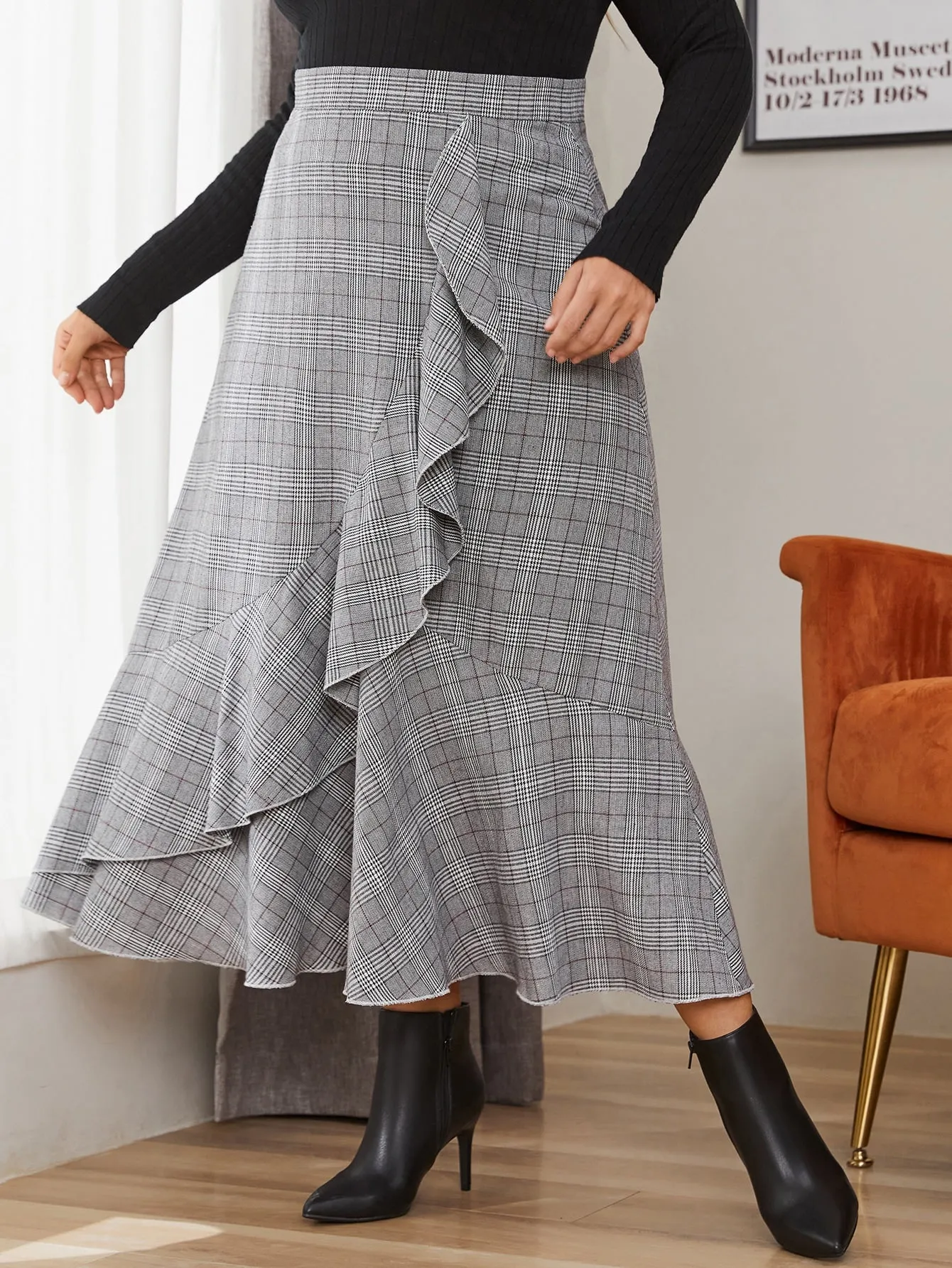 Plaid Zipper Long Plus Size Skirt