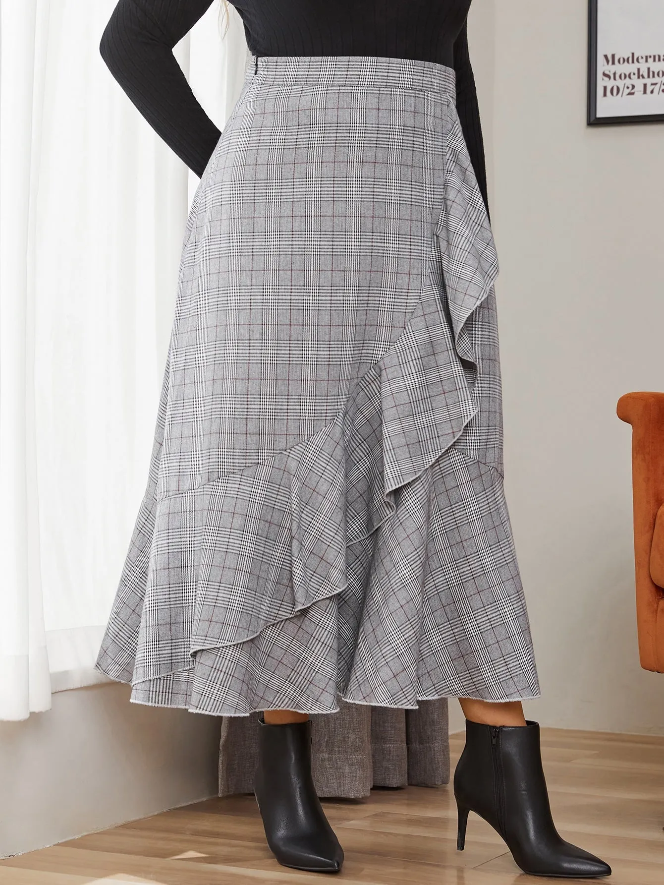 Plaid Zipper Long Plus Size Skirt