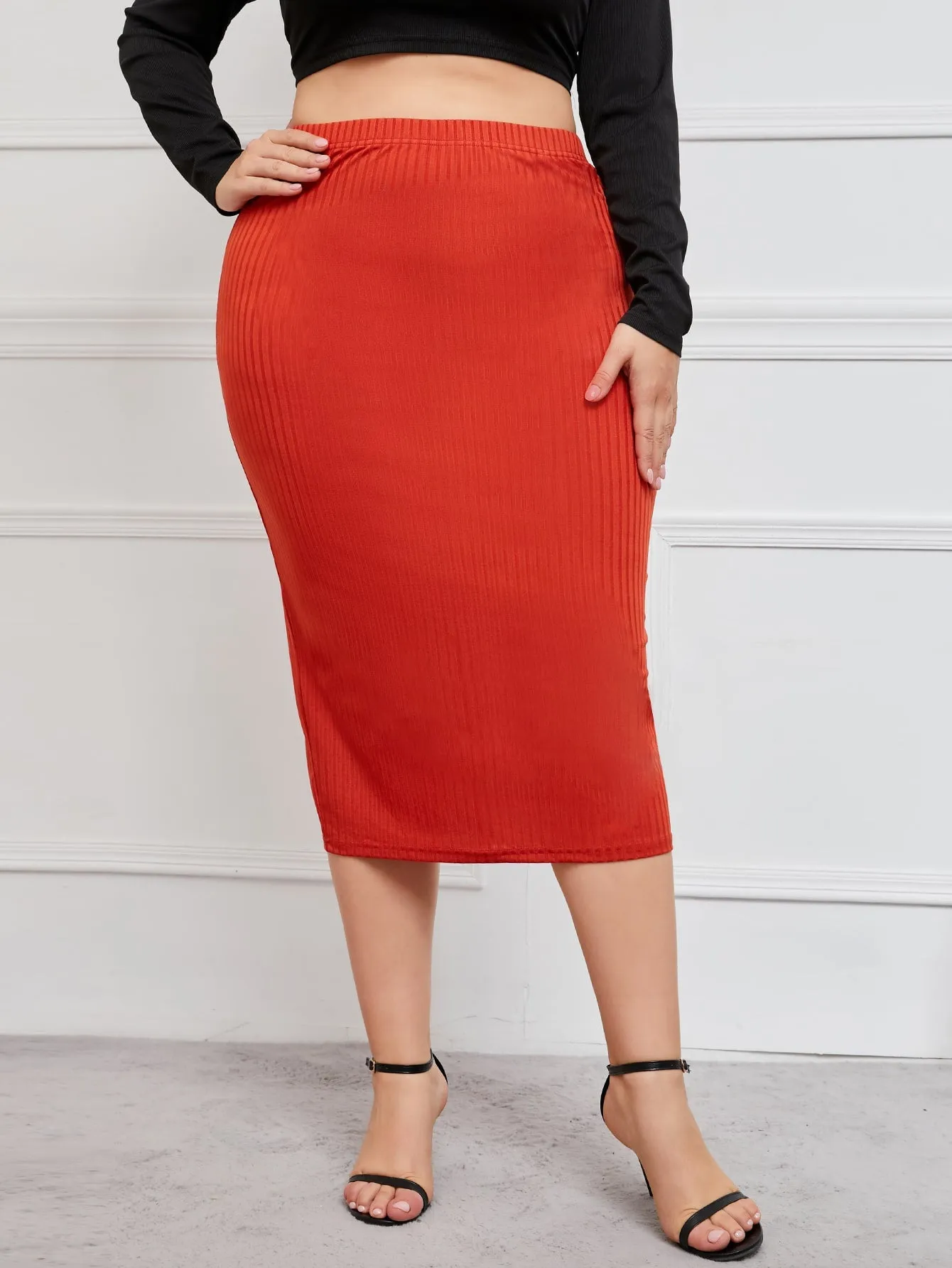 Plain Split Midi Plus Size Skirt
