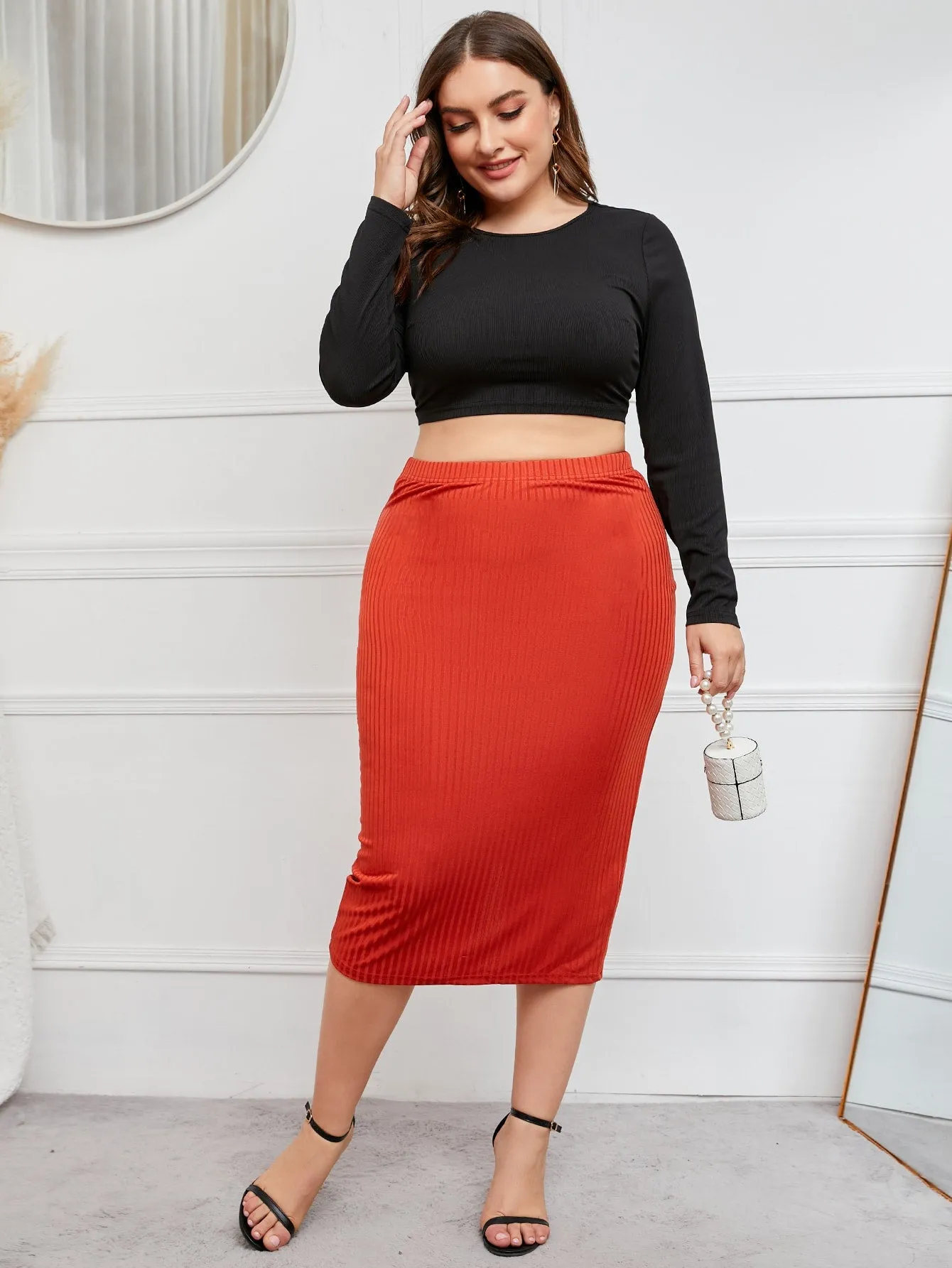 Plain Split Midi Plus Size Skirt
