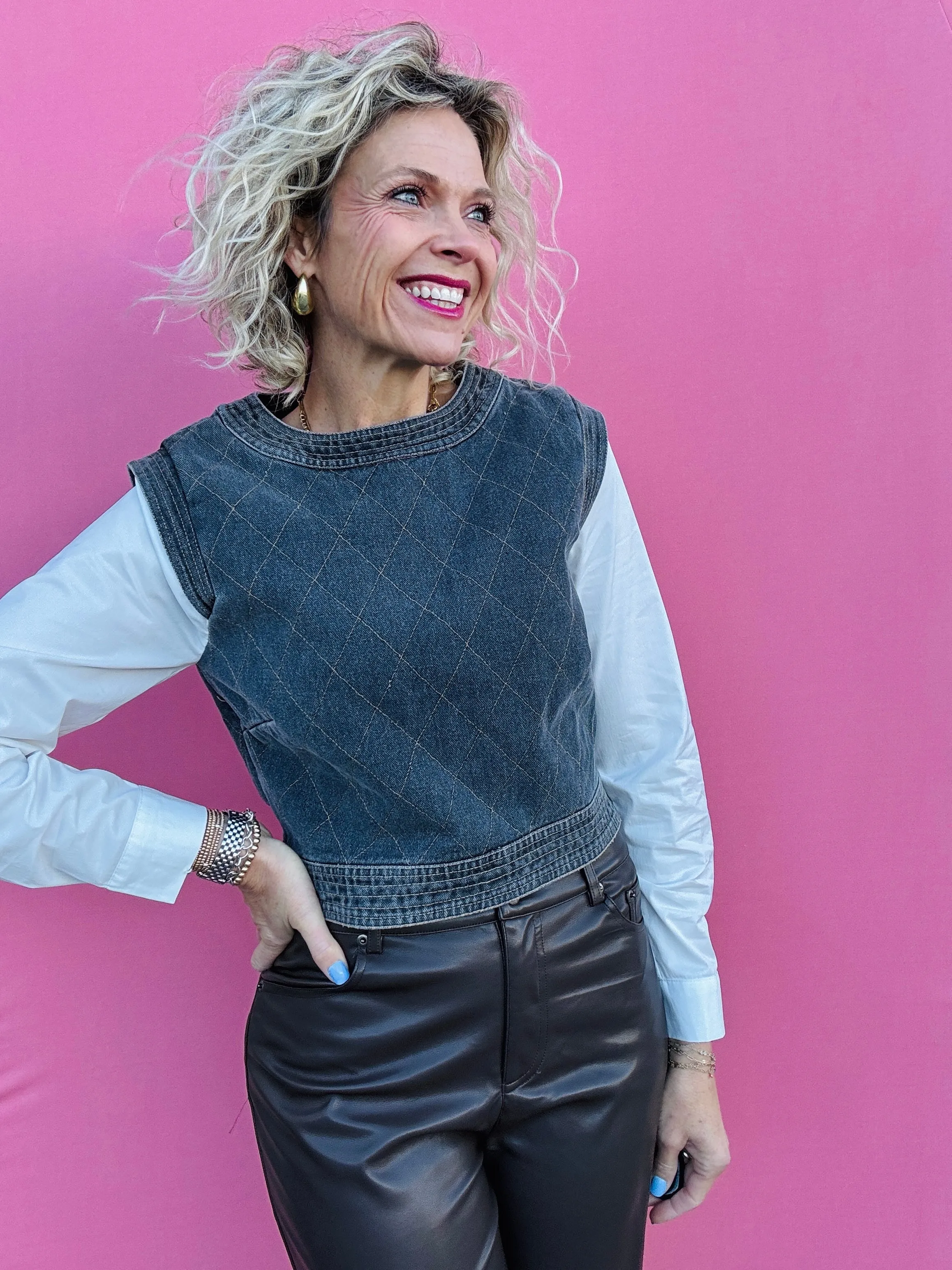 Quilted Denim with Poplin Sleeve