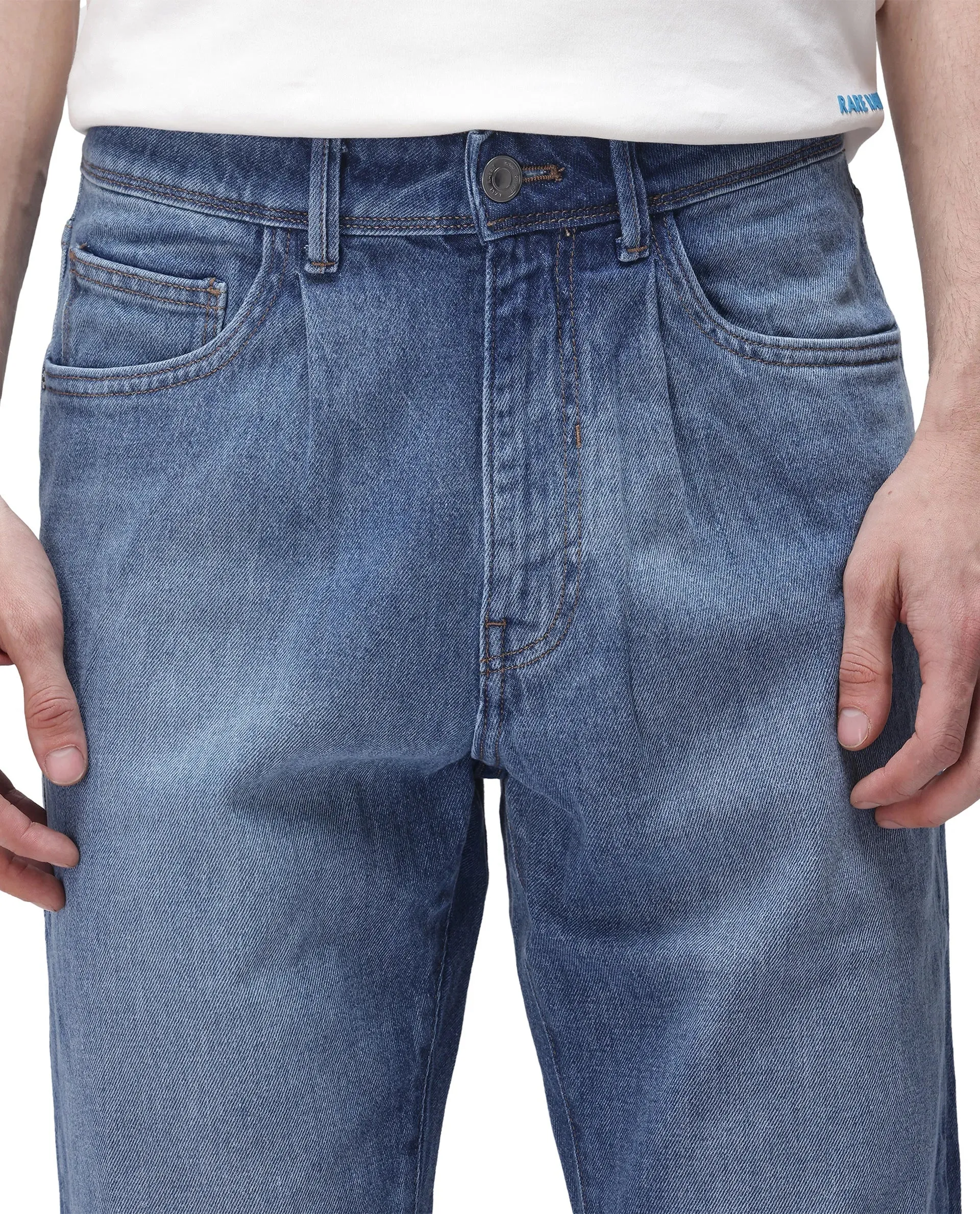 Rare Rabbit Men's Bagg-2 Blue Cotton Fabric Mid Wash Mid Rise Plain Jeans