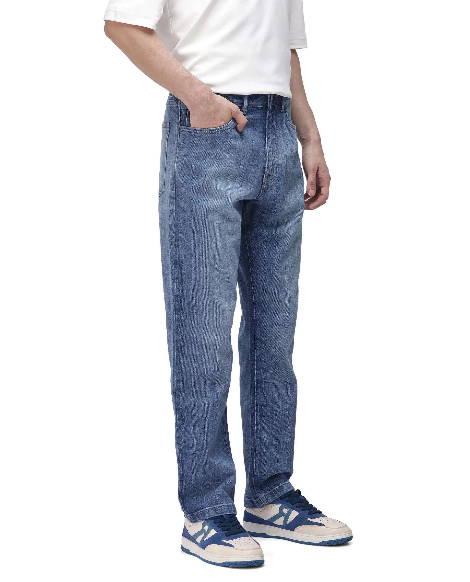 Rare Rabbit Men's Bagg-2 Blue Cotton Fabric Mid Wash Mid Rise Plain Jeans