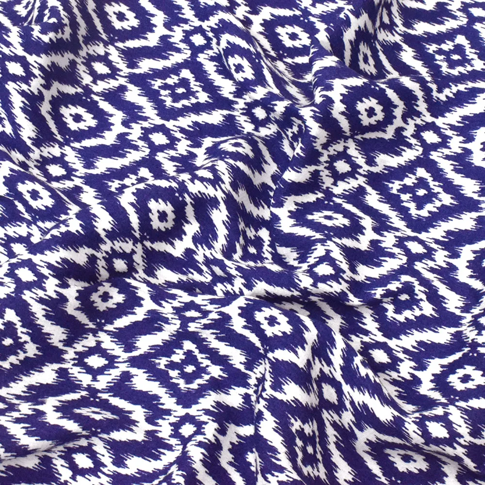 Royal Blue-White Ikat Printed Rayon Crepe Faille Woven Fabric