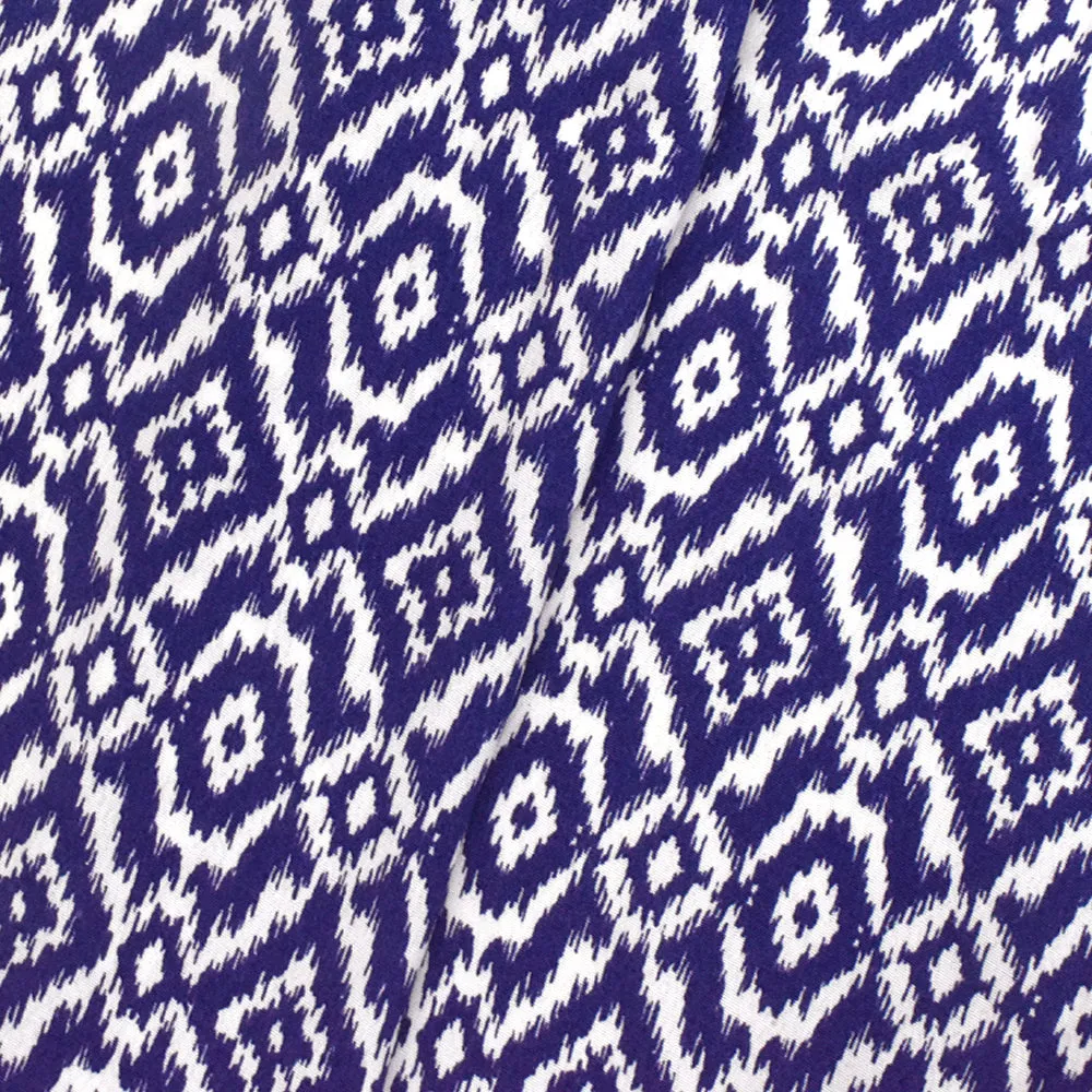 Royal Blue-White Ikat Printed Rayon Crepe Faille Woven Fabric