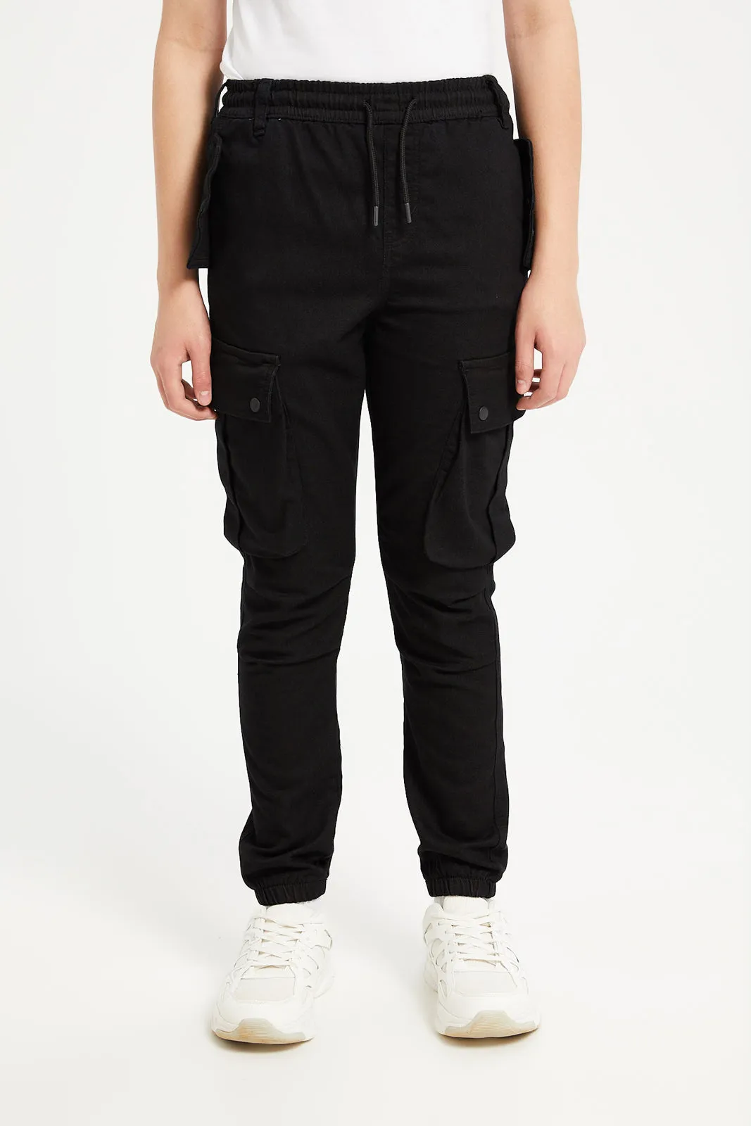 Senior Boys Black Pull On Cargo Joggers