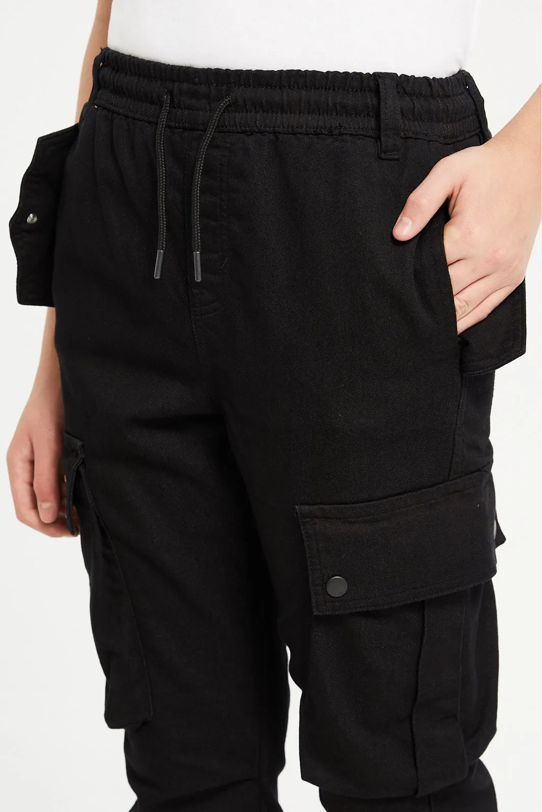 Senior Boys Black Pull On Cargo Joggers