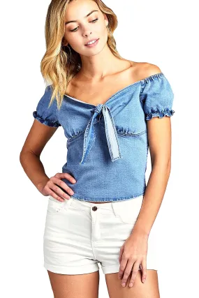 Short Sleeve Off The Shoulder Front Self Tie Sweet Heart Neck Line Semi Cropped Denim Top