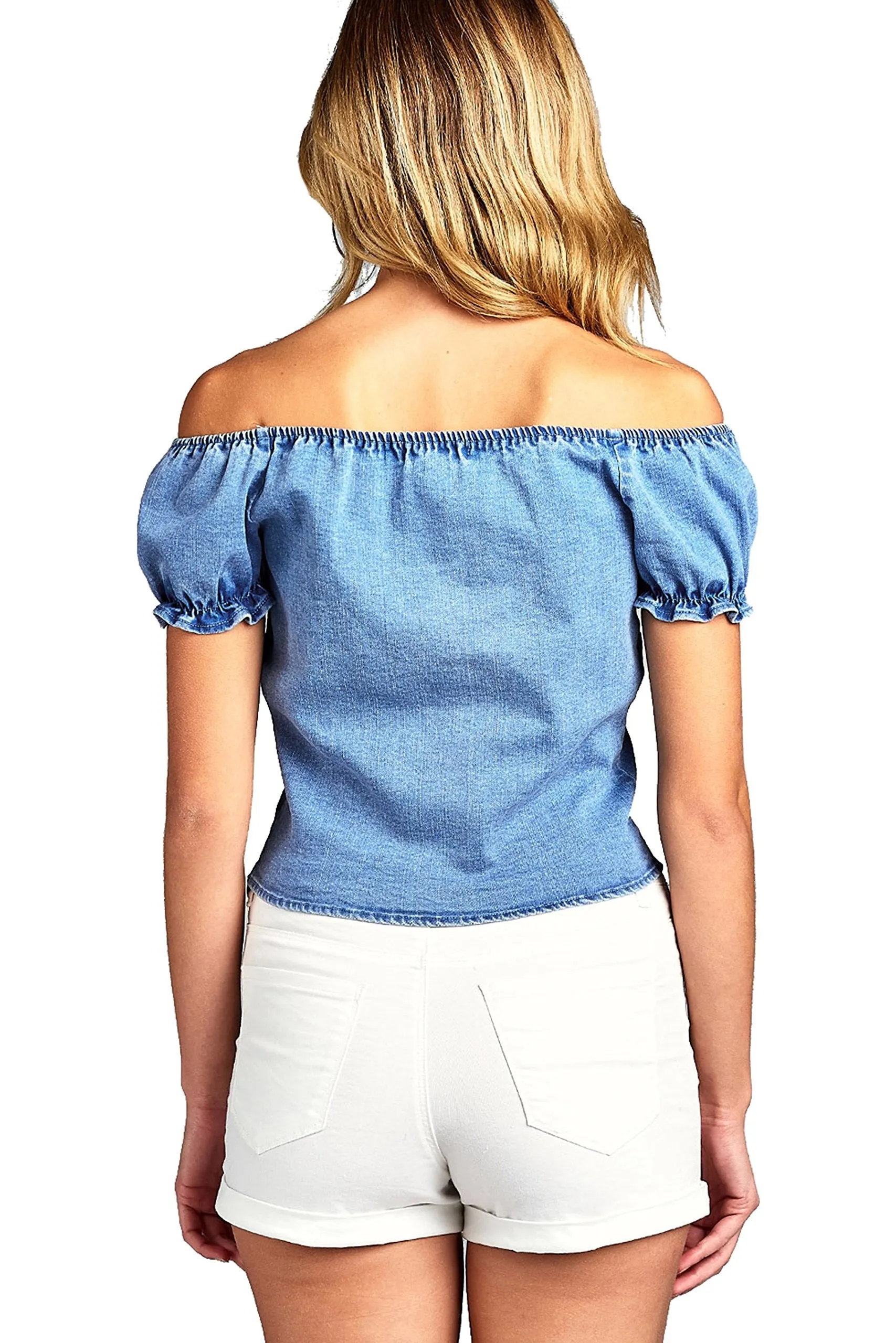 Short Sleeve Off The Shoulder Front Self Tie Sweet Heart Neck Line Semi Cropped Denim Top