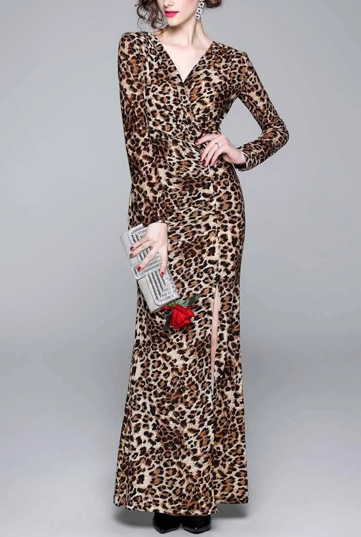Side Slit Leopard Print Maxi Cocktail Dress