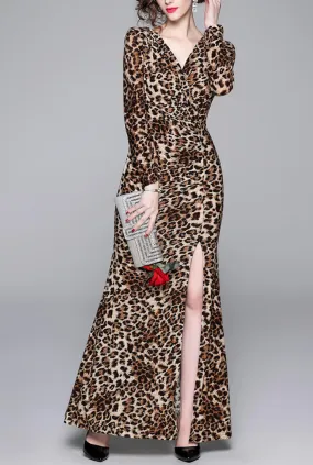 Side Slit Leopard Print Maxi Cocktail Dress